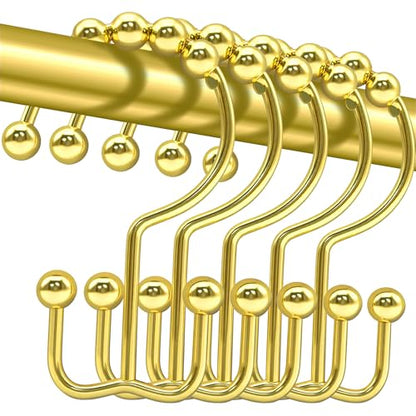 Shower Curtain Hooks, 12 Pcs Rustproof Metal Shower Curtain Rings,Free Sliding Double Shower Hooks for Shower Curtain & Liners, Shower Curtain Hangers for Bathroom Shower Curtain Rods Curtains (Gold) - color: Gold
