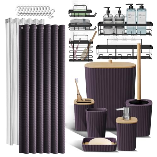 Clara Clark Bathroom Set, Shower Curtain Set and Shower Caddy Hanging | 25 Piece Purple Bathroom Accessories Set with Toothbrush Holder, Soap Dispenser, Soap Dish, Toilet Brush, and Trash Can - color: Purple, size: Complete Set + Shower Caddy