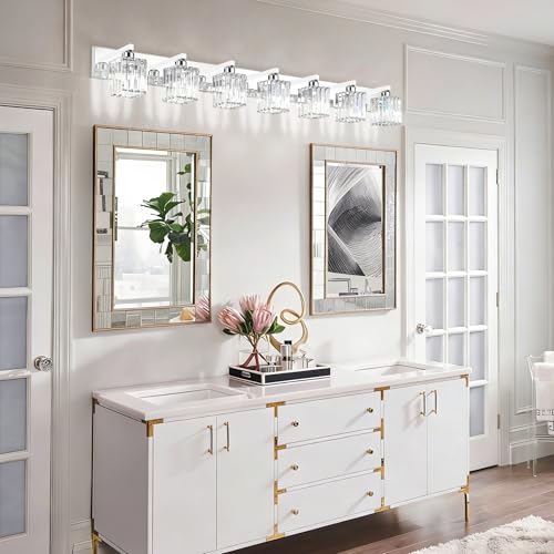 Aipsun Bathroom Vanity Light Fixtures Chrome Vanity Light for Bathroom Crystal Vanity Lighting Fixtures 7 Light (Exclude Bulb) - color: Chrome, size: 58 inch