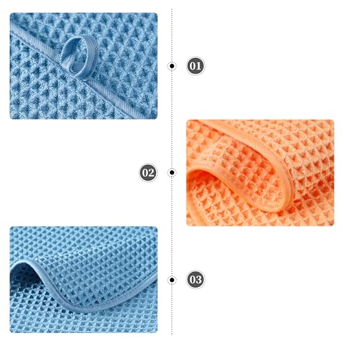 POLYTE 430 GSM Poly Blend Microfiber Quick Dry Waffle Bath Towel Set of 6 | 2-Body Towels, 2-Hand Towels, 2-Wash cloths, Oversize, Lint Free - color: Blue,orange