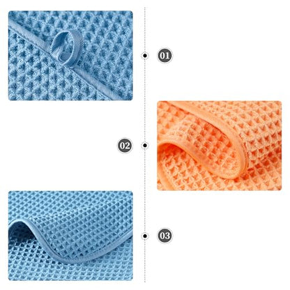 POLYTE 430 GSM Poly Blend Microfiber Quick Dry Waffle Bath Towel Set of 6 | 2-Body Towels, 2-Hand Towels, 2-Wash cloths, Oversize, Lint Free - color: Blue,orange