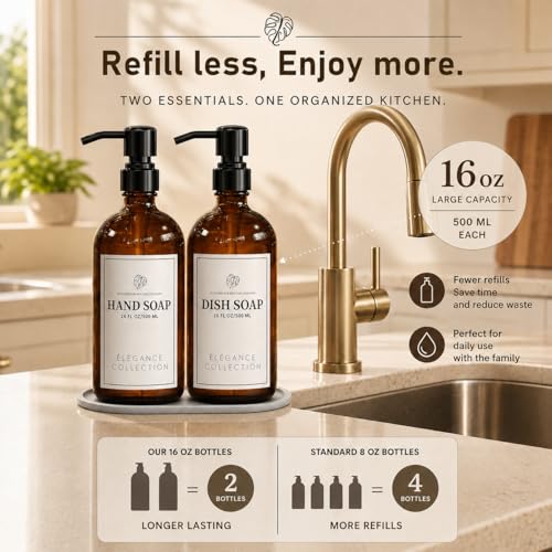 Fachixy Amber Glass Soap Dispenser 2 Pack, 16 Fl Oz, 14 Waterproof Labels | Leak-Resistant Stainless Steel Pump, Non-Slip Pad, Hand & Dish Soap Dispenser Bottles Set for Kitchen and Bathroom - color: Brown