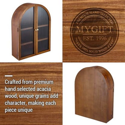 MyGift Medicine Cabinet, Arched Wall Cabinet, Bathroom Medicine Wall Mounted Cupboard, Mid Century Style Floating Storage Cabinet with Glass Door, Natural Acacia Wood