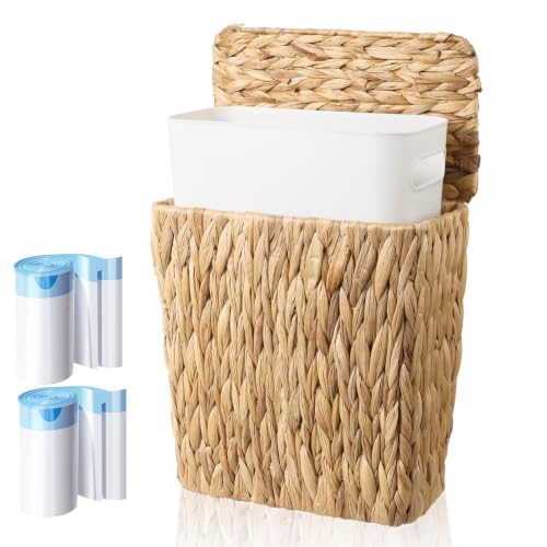 TINSKY Wicker Trash Can with Lid Boho Rattan Small Bathroom Waste Basket | 2.5 Gallon Removable Liner, Handwoven Water Hyacinth, Narrow Rattan Trash Can for Bedroom Office Kitchen Decor