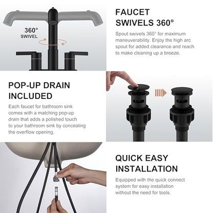 Matte Black Pull Out Centerset Bathroom Faucet 2 Handle 3 Hole 4 Inch | Pull Down Bathroom Faucet with Pop Up Drain & Supply Lines, Lead-Free cUPC & NSF Certified, 4 Inch Faucet for Vanity RV Sink - color: Matte Black