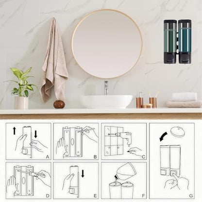 2-Chamber 10oz/300ML Black Plastic Hand Wall Mounted Soap Dispensers | Refillable Shampoo Conditioner Shower Dispenser No Drill, Clear Manual Pump Dispenser for Bathroom Hotel Kitchen - color: 2-chamber Black