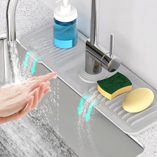 17.7'' Faucet Mat for Kitchen Sink [5°Slope Fast Self-draining] Kitchen Sink Splash Guard Silicone Sink Faucet Mat Splash Guard Kitchen Sink Area Tidy Splash Faucet Guard Draining Mat-Light Gray - color: Light Gray, size: 17.7" x 5.5"