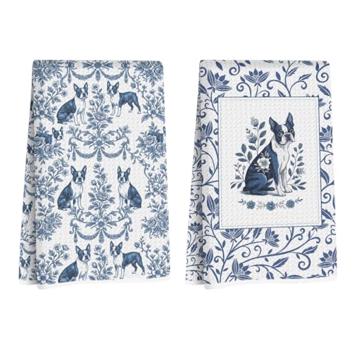 Chinoiserie Boston Terrier Kitchen，Dog Lover Gifts for Women Mom Friend | Hand Towels Set of 2, Blue and White Floral Dog Gifts Reusable Dish &Tea Towels for Kitchen Bathroom Christmas, Party Decor - color: Chinoiserie Dog