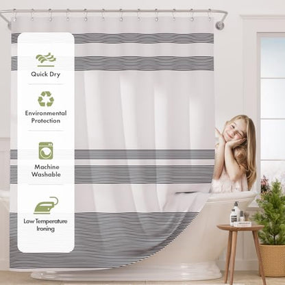 AmazerBath Navy Blue Shower Curtain, Blue and White Striped Bathroom Shower Curtain with 12 Shower Curtain Hooks, Rustic Fabric Blue and White, 72x72 Inches - color: A- Blue Stripe +12 Metal Hooks, size: 72"W x 72"L (Pack of 1)