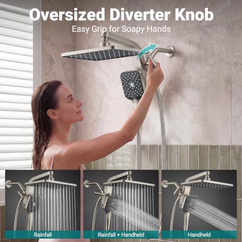 12" XXL Rainfall Shower Head with Handheld Combo Set, Nickel Brushed | High Pressure, Magnetic Docking, Air-Infusion Tech, Anti-Leak One-Piece Design, Dual Square Showerhead - color: Nickel Brushed