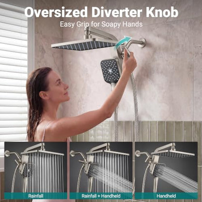 12" XXL Rainfall Shower Head with Handheld Combo Set, Nickel Brushed | High Pressure, Magnetic Docking, Air-Infusion Tech, Anti-Leak One-Piece Design, Dual Square Showerhead - color: Nickel Brushed