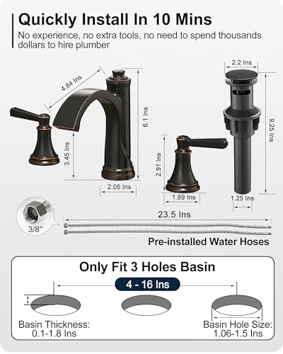 Waterfall Bathroom Faucet 3 Hole, 4-16 Inch Oil Rubbed Bronze Bathroom Faucet, Brass Bathroom Sink Faucet, 2 Handle Bathroom Faucets, Bathroom Vanity Faucet with Pop-Up Drain, Water Hoses - color: Oil Rubbed Bronze