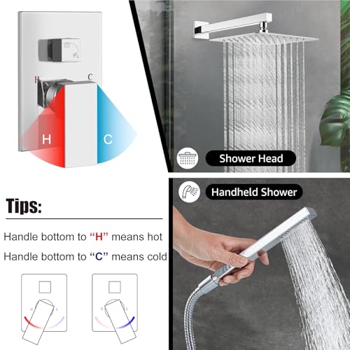 Midanya Shower Faucet Set with Handheld Sprayer,10 Inch,Polish Chrome | Rough-in Shower Valve and Trim Kit Included,Square Rain Head,Wall Mount Shower System,All Metal,Bathroom - color: Chrome, size: 10 Inch