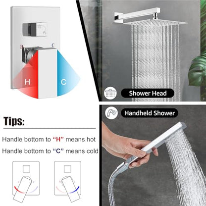 Midanya Shower Faucet Set with Handheld Sprayer,10 Inch,Polish Chrome | Rough-in Shower Valve and Trim Kit Included,Square Rain Head,Wall Mount Shower System,All Metal,Bathroom - color: Chrome, size: 10 Inch