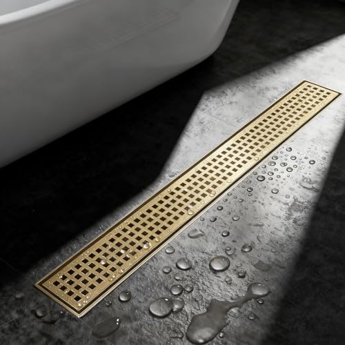 Linear Shower Drain - 12 Inch Brushed Gold, with Grate Removable | AISI 304 Stainless Steel Shower Drain with Adjustable Feet, Hair Catcher, Rectangle Shower Floor Drain Fits Bathroom, Balcony - color: Brushed Gold, size: 12 Inch