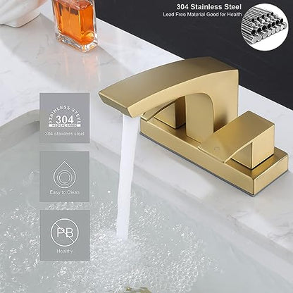 2 Hole Bathroom Sink Faucet Centerset Brushed Gold 2 Handle Modern | Stainless Steel Faucet for Bathroom Sink with Pop Up Drain Assembly and cUPC Supply Lines, 4 in Center Set Matte Gold - color: Brushed Gold, size: 4 Inch Centerset