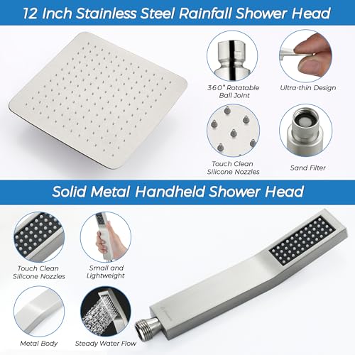 G-Promise All Metal 12 Inches Rainfall Shower Head with Handheld Combo | All Metal, Built to Last, Easy Install, Adjustable Height & Angle for All Heights, Extra Long Hose, Modern Upgrade - color: Brushed Nickel, size: 12 Inches