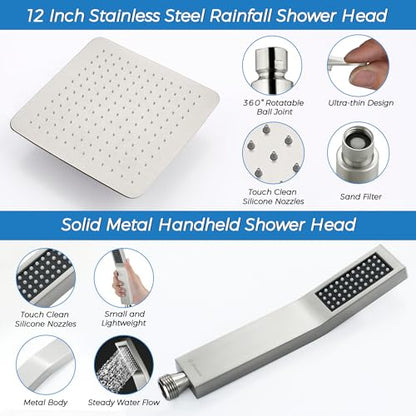 G-Promise All Metal 12 Inches Rainfall Shower Head with Handheld Combo | All Metal, Built to Last, Easy Install, Adjustable Height & Angle for All Heights, Extra Long Hose, Modern Upgrade - color: Brushed Nickel, size: 12 Inches