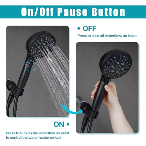 GwernKB Handheld Shower Head with ON OFF Switch & 79in Stainless Steel Hose | Built-in Power Spray,7-Setting High Pressure Spray with Bracket & Extra No Drilling Wall Shower Holder for Lower Mount,Black - color: Matte Black