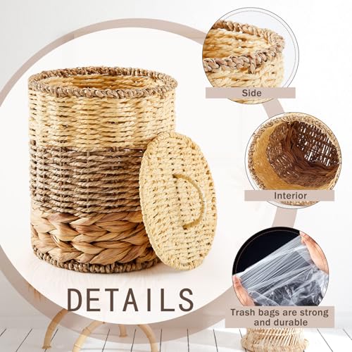 Ctosree 1.3 Gal Boho Wicker Trash Can with Lid, Primary Color | Polypropylene woven material; includes 100 garbage bags; for bedroom, office & laundry - color: Primary Color, style: Round