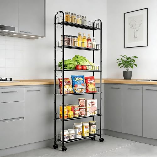 Slim Storage Cart with Wheels, Metal 6-Tier 6in Black Narrow Rolling Shelf, Sturdy Slim Storage with Hooks Ideal for Kitchen, Bathroom, and Laundry Room - size: 6in 6-Tier Cart