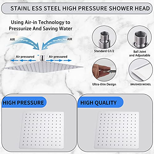 Rain Shower Head Brushed Nickel with Extension Arm 12 Inch Square Shower Head with 16 Inch Shower Arm Large Stainless Steel Rainfall Showerhead Waterfall Full Body Coverage by GGStudy - color: Brushed Nickel, size: 12inch