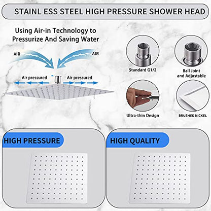 Rain Shower Head Brushed Nickel with Extension Arm 12 Inch Square Shower Head with 16 Inch Shower Arm Large Stainless Steel Rainfall Showerhead Waterfall Full Body Coverage by GGStudy - color: Brushed Nickel, size: 12inch