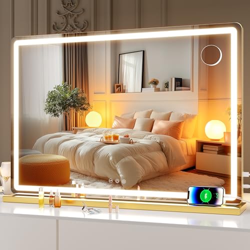 Hasipu Vanity Mirror with Lights, 31.5" x 22" LED Makeup Mirror, Lighted Makeup Mirror with Dimmable 3 Modes, Touch Screen Control Vanity Mirror Round Gold - color: Gold, size: 31.5"L x 22"W