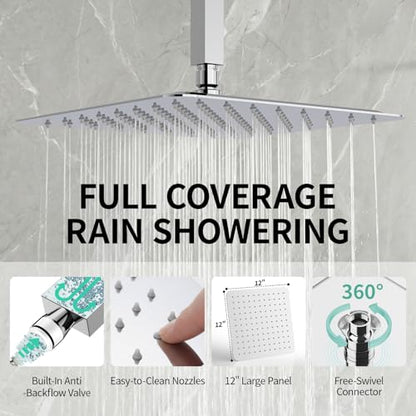 SR SUN RISE 12 Inch Ceiling Mounted Shower System Rain Mixer Combo Set Rainfall Shower Head System Faucet Trim Repair Kits Polished Chrome Rough-in Valve Body and Trim Included - color: Polished Chrome, style: 12 inch