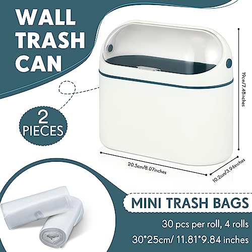 Bokon 2 Pack Mini Trash Can with Lid, 0.5 Gal Small Wall Mounted Trash Bin for Bathroom Vanity, Desk, Countertop, Cabinet Door and Office, Includes 120 Trashbags, White
