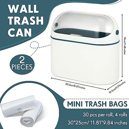 Bokon 2 Pack Mini Trash Can with Lid, 0.5 Gal Small Wall Mounted Trash Bin for Bathroom Vanity, Desk, Countertop, Cabinet Door and Office, Includes 120 Trashbags, White
