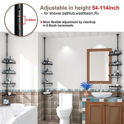 Corner Shower Caddy Tension Pole - Heavy Duty Floor to Ceiling Shower Organizer Tension Pole with 4 Shelves,54"-114” Adjustable Rustproof Stand Rack for Bathtub,Bathroom,Dorm,RV - Black