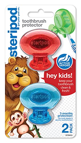 Steripod Kids' Clip-On Toothbrush Protector, Keeps Toothbrush Fresh and Clean, Fits Most Manual and Electric Toothbrushes, Red and Blue Glitter, 2 Count - color: Red and Blue, size: 2 Count (Pack of 1)
