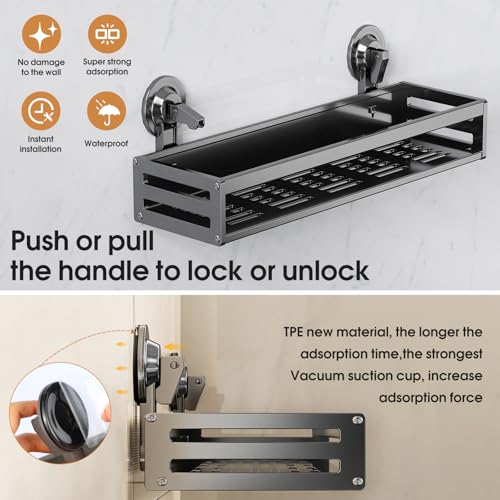Suction Cup Shower Caddy with 5 Hooks & Towel Rrack 11.8inch Grey | No Drilling Shower Organizer with Large Capacity, Rust-resistant Bathroom Organizer, Heavy Duty Shower shelves for Bathroom - size: 11.8 inches