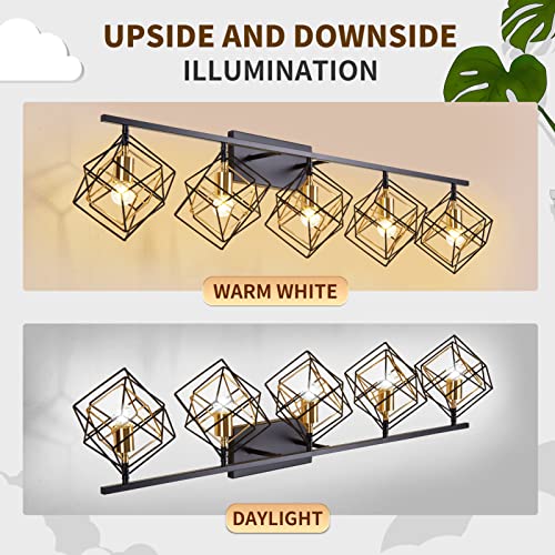 Bathroom Vanity Light with 5 Bulbs Bathroom Light Fixtures Over Mirror with Rotatable 5 Cube Shades Modern Wall Mounted Matte Black - color: Matte Black With Pineapple Gold, size: 5-Lights ( 47.2" Width )