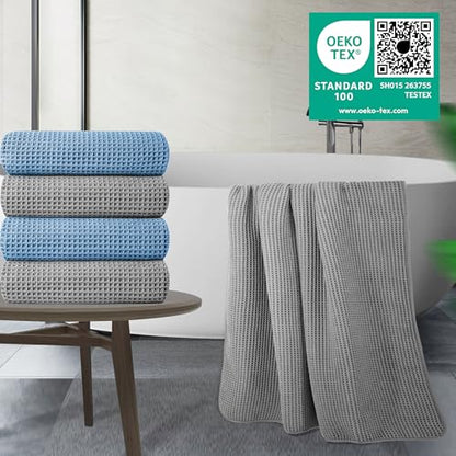 POLYTE 430 GSM Poly Blend Microfiber Quick Dry Waffle Bath Towel, 30x60 in | 4 Pack, Oversize, Lint Free, Body Towel - color: Gray,blue