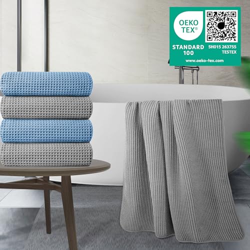 POLYTE 430 GSM Poly Blend Microfiber Quick Dry Waffle Bath Towel, 30x60 in | 4 Pack, Oversize, Lint Free, Body Towel - color: Gray,blue