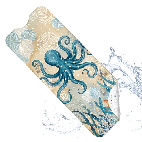 Bath Mat for Tub, Nautical Octopus Bathtub Mats, Machine Washable, Non Slip Shower Mat with Suction Cups and Drain Holes for Adults Kids, Vintage Coastal Tub Mats Gift for Nautical Lovers Bath Decor - color: Octopus1