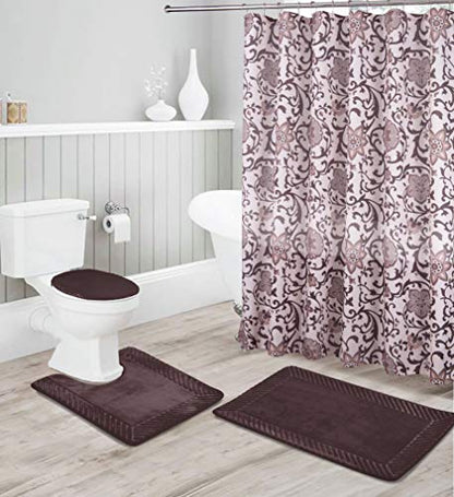 Luxury Home Collection 16 Piece Embossed Memory Foam Non-Slip Bathroom Rug Set Includes Bath Rug Mat, Contour Mat, Toilet Lid Cover, Shower Curtain, and 12 Metal Roller Hooks (Coffee/Chocolate)