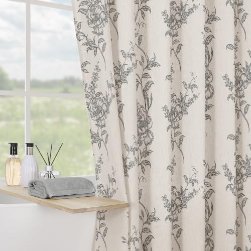 Grey Linen Farmhouse Shower Curtain, Boho Floral Bathroom 36x72 | French cottage rustic bath styling, poly-linen blend, soft breathable weave, reinforced grommets, washable non-fading print - color: Grey, size: 36"W x 72"L (Pack of 1)