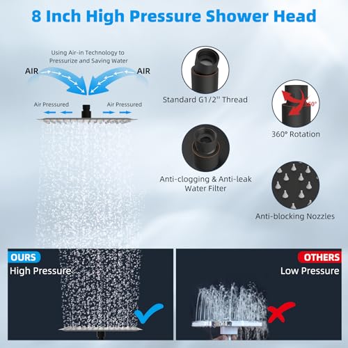 Hibbent 8'' Rain Shower Head with 16'' Extension Arm, Oil Rubbed Bronze | cUPC Certified High Pressure Rainfall Showerhead with Solid Brass Adjustable Shower Head Extension Arm, Fixed Showerheads - color: Oil Rubbed Bronze, style: Square 8''