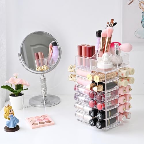 Ikee Design Acrylic Rotating Lipstick Gloss Make Up Organizer with 53 Slots | Rotating Acrylic Lip Gloss for Makeup, Lipsticks, Brushes, Cosmetic Storage Display, Bathroom, Vanity, Countertop - color: 3) Clear, 53 Slots