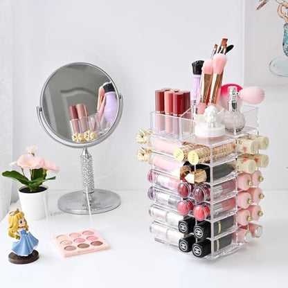 Ikee Design Acrylic Rotating Lipstick Gloss Make Up Organizer with 53 Slots | Rotating Acrylic Lip Gloss for Makeup, Lipsticks, Brushes, Cosmetic Storage Display, Bathroom, Vanity, Countertop - color: 3) Clear, 53 Slots