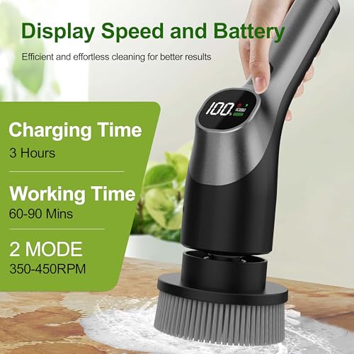 Electric Spin Scrubber, Shower Scrubber with Long Handle Adjustable LCD Display, 2 Speed Shower Cleaner, 7 Replaceable Brush Heads Bathroom Cleaning Brush, Bath Tub Power Scrubbers Black G3 - color: Black