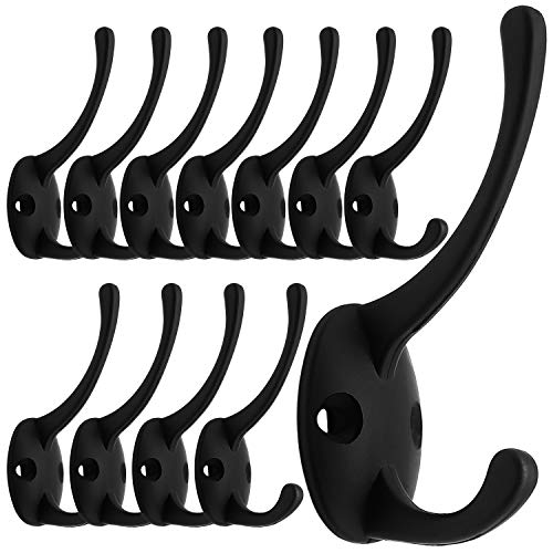 IBosins 12 Pack Black Double Coat Hooks Wall Mounted with 24 Screws | Retro Double Hooks Utility Black Hooks for Coat, Scarf, Bag, Towel, Key, Cap, Cup, Hat - color: Black