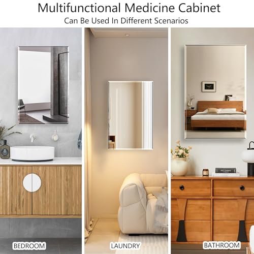 Bathroom Medicine Cabinet with 22x30 in Rectangular Beveled Frameless Mirror,Wall Mounted Mirror Cabinet for Bathroom Toilet Kitchen,Recess or Surface Mount,Already Assembly - size: FMG-CM7005-2230