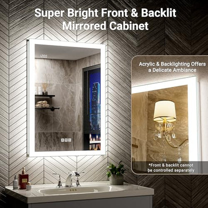 24x32 Front & Backlit Medicine Cabinet with LED Lights, 155°Soft-Close Hinge, Surface or Recessed Dimmable Lighted Medicine Cabinet Mirror with Clock Outlet Inner Light,Anti-Fog - size: 24x32'' (Left Hinge)