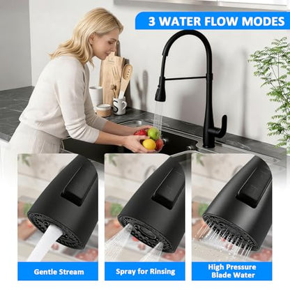 MILD EAST Kitchen Faucet Head Replacement, Premium 3-Function Pull Down Spray Head with 9 Universal Adapters, Sink Faucet Head compatible with Moen, American Standard Faucets, Black