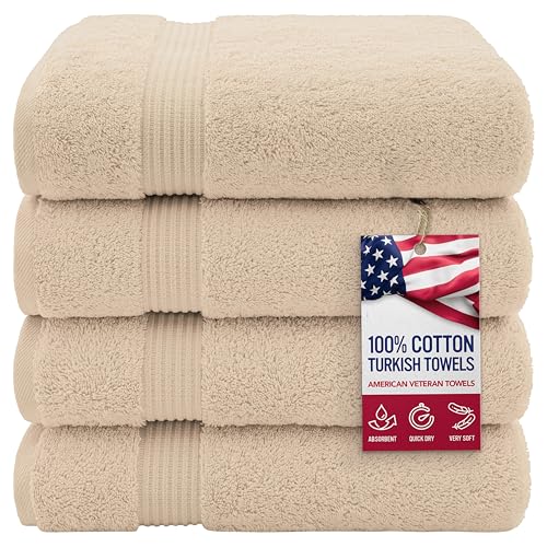 American Veteran Towel, 100% Cotton Turkish Bath Towels for Bathroom 4 Pack, 27x54 Extra Large Premium Soft Drying Bathroom Towels, Beige - color: Beige, size: 27x54