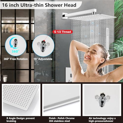Midanya Shower Faucet Set with Handheld Sprayer,16 Inch,Polish Chrome | Rough-in Shower Valve and Trim Kit Included,Square Rain Head,Wall Mount Shower System,All Metal,Bathroom - color: Chrome, size: 16 Inch